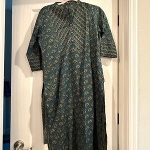 Teal Block-Print Long Kurta with Button Front (Never Worn)